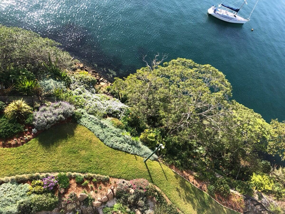 Aerial view of waterfront estate landscaping, North Shore Sydney by R.B. Kanangra Gardens